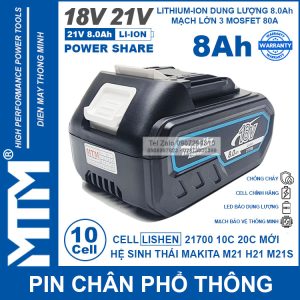 Pin Makita 5 Cell 10 Cell 20 Cell 80A Co Den Bao Pin Dung Cho May Khoan May Mai May Siet Den Pin Quat Cell 21700 Lishen 8Ah